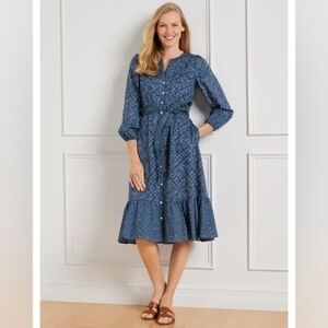 Talbots Blue Patterned Women's Midi Tiered Dress Sz 18 Tie Waist
